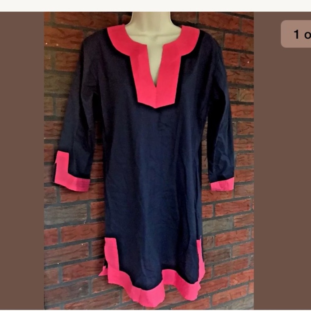 Top It Off Tunic Dress Pink Blue Cotton V-Neck